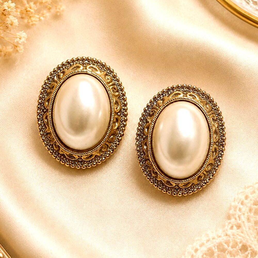 Vintage 1928 Jewelry Faux Mabe Pearl Gold Tone Clip On Earrings